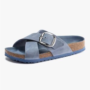 Birkenstock Siena Dusty Blue Slides with Silver Buckle